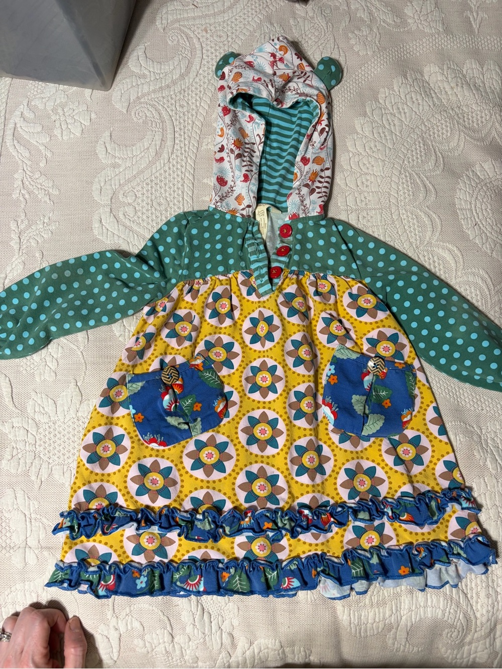 Matilda Jane Teal, Yellow and Blue Patchwork Hooded Dress faint stains on back